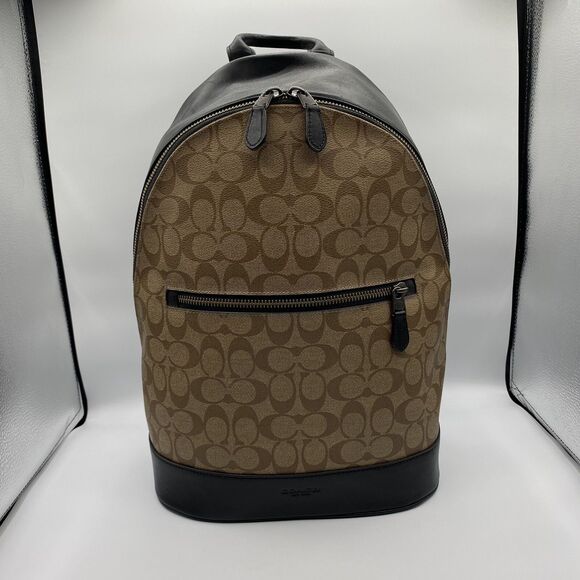 Auth COACH West Slim Backpack In Signature Canvas F78756 Beige/Black - Picture 1 of 16